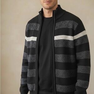 Men's Classic Black and Gray Striped Zip-Up Sweater
